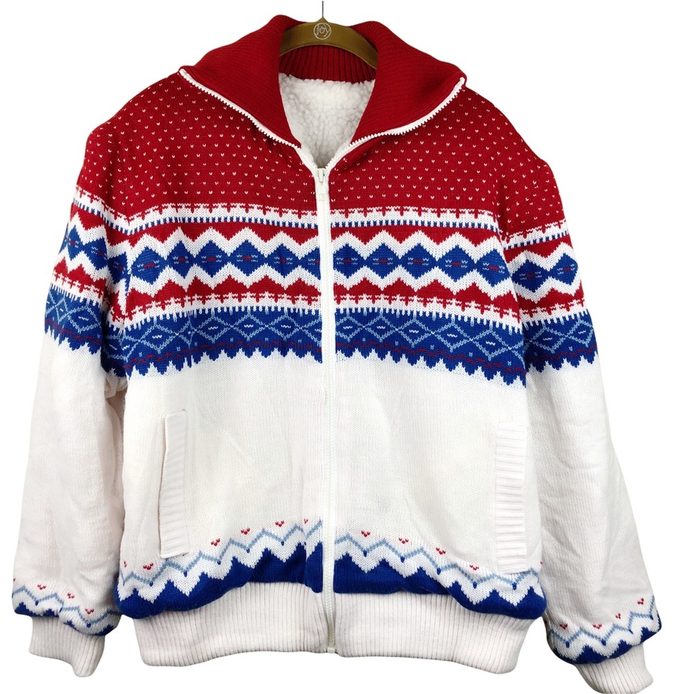 Vintage Nordic Cardigan Sweater Jacket Full Zip Warm Cozy Lined Size XL